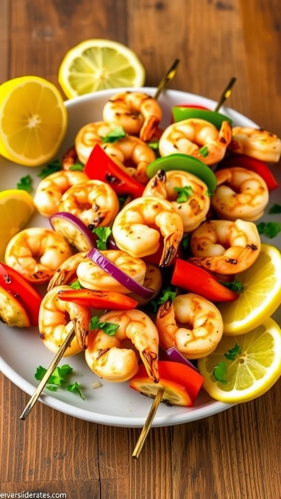 Grilled shrimp kabobs on a plate with bell peppers and onion, garnished with parsley and lemon wedges.